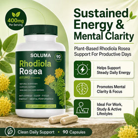 Soluma Rhodiola Rosea 90 capsules sur un fond neutre