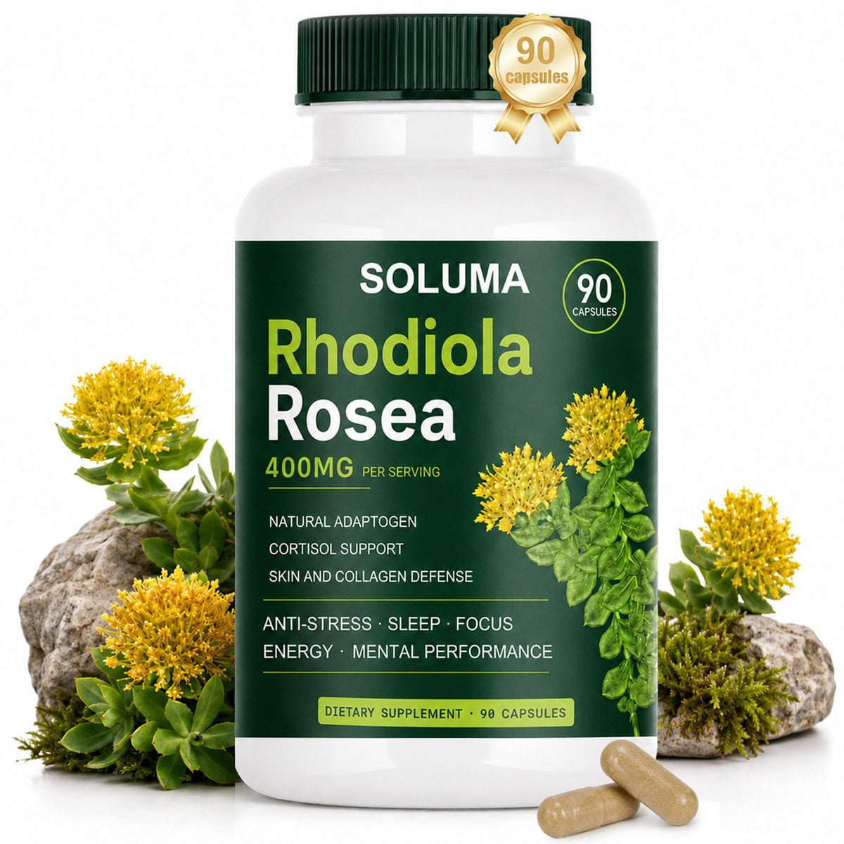 Soluma Rhodiola Rosea 90 capsules vue de face avec étiquette