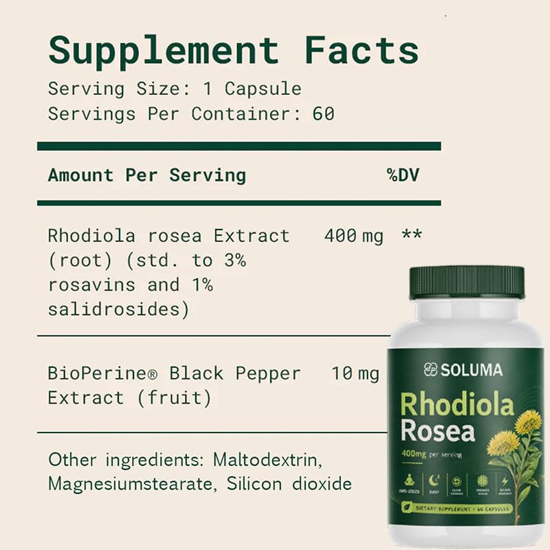 Soluma Rhodiola Rosea capsules avec des plantes en arrière-plan