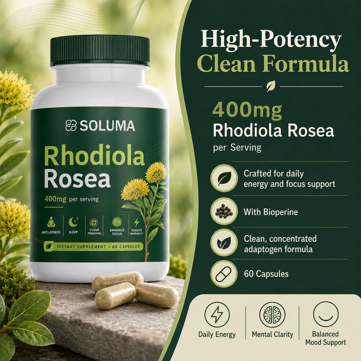 Soluma Rhodiola Rosea capsules sur une table
