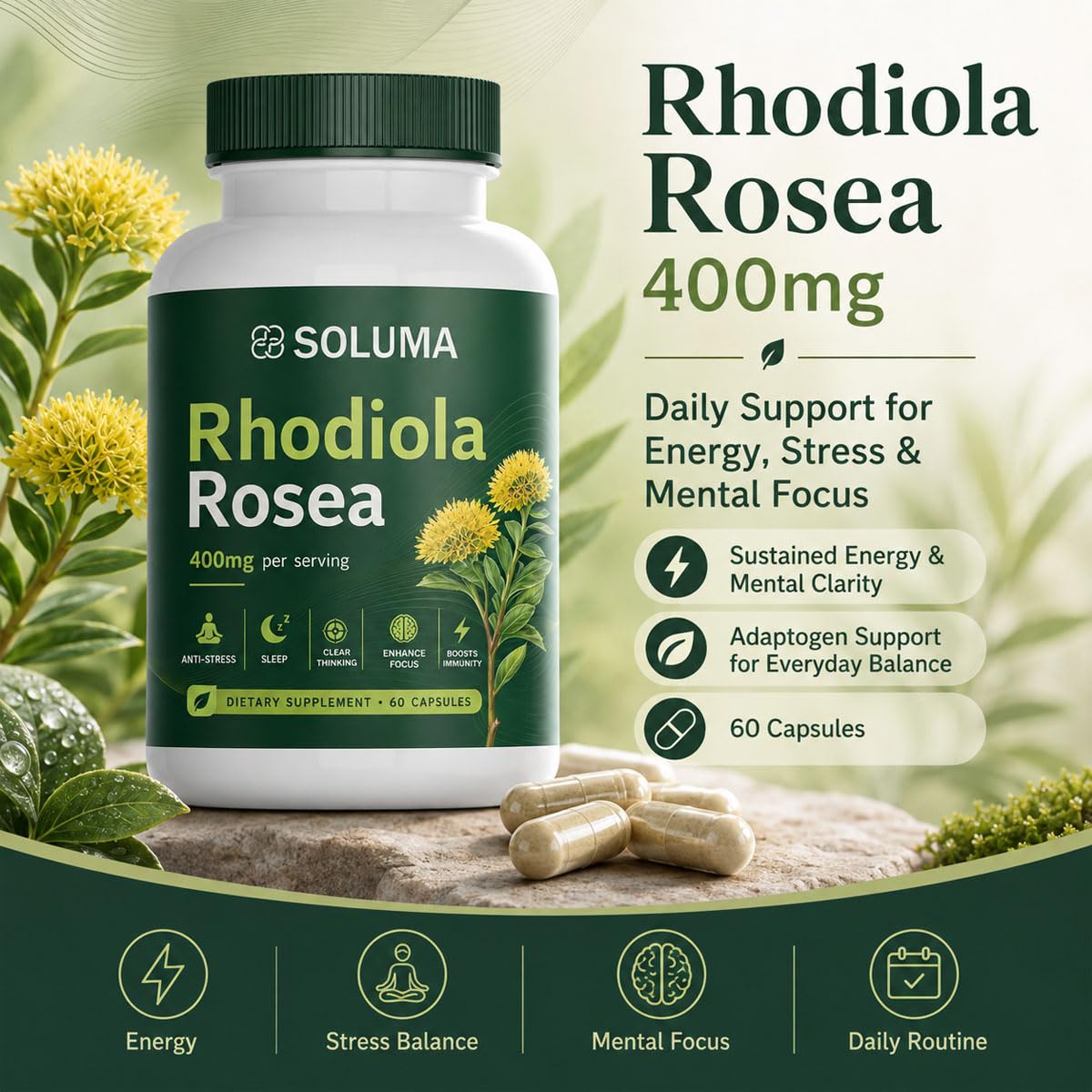 Soluma Rhodiola Rosea emballage et capsules
