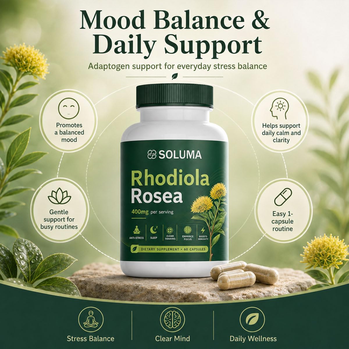 Soluma Rhodiola Rosea flacon ouvert avec capsules