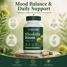 Soluma Rhodiola Rosea flacon ouvert avec capsules