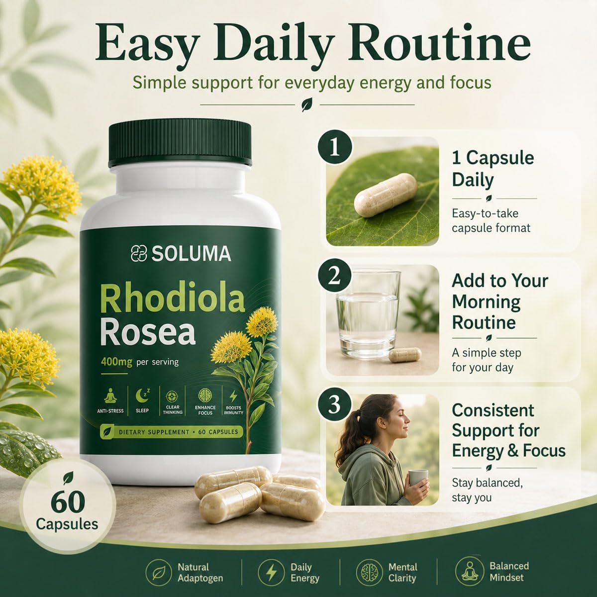 Soluma Rhodiola Rosea ingrédients sur l'étiquette