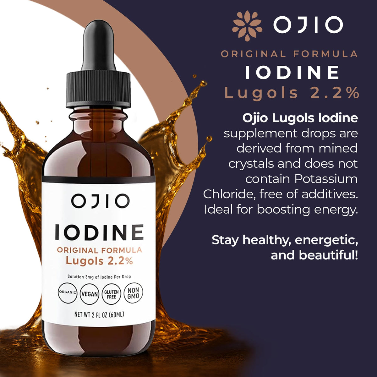 Solution d'iode Lugol 2% d'Ojio sur un fond blanc