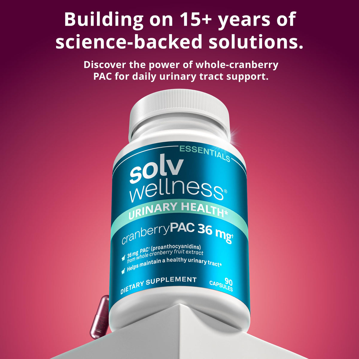 Solv Wellness Cranberry 36 mg PAC flacon ouvert avec capsules