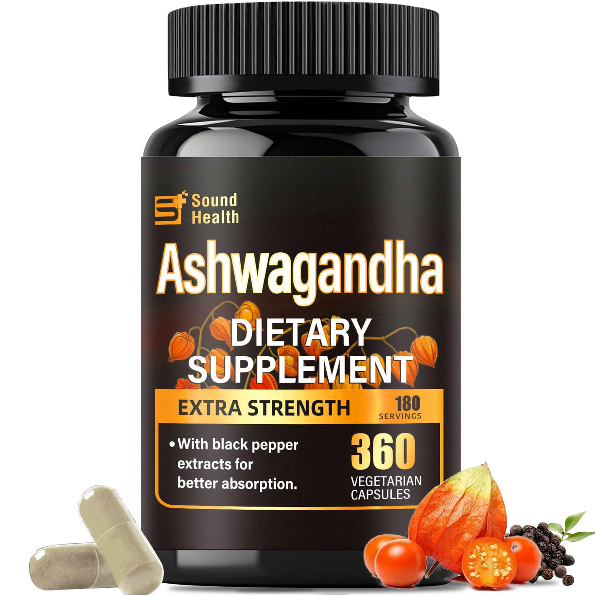 SoundHealth Ashwagandha 360 capsules vue de face avec étiquette