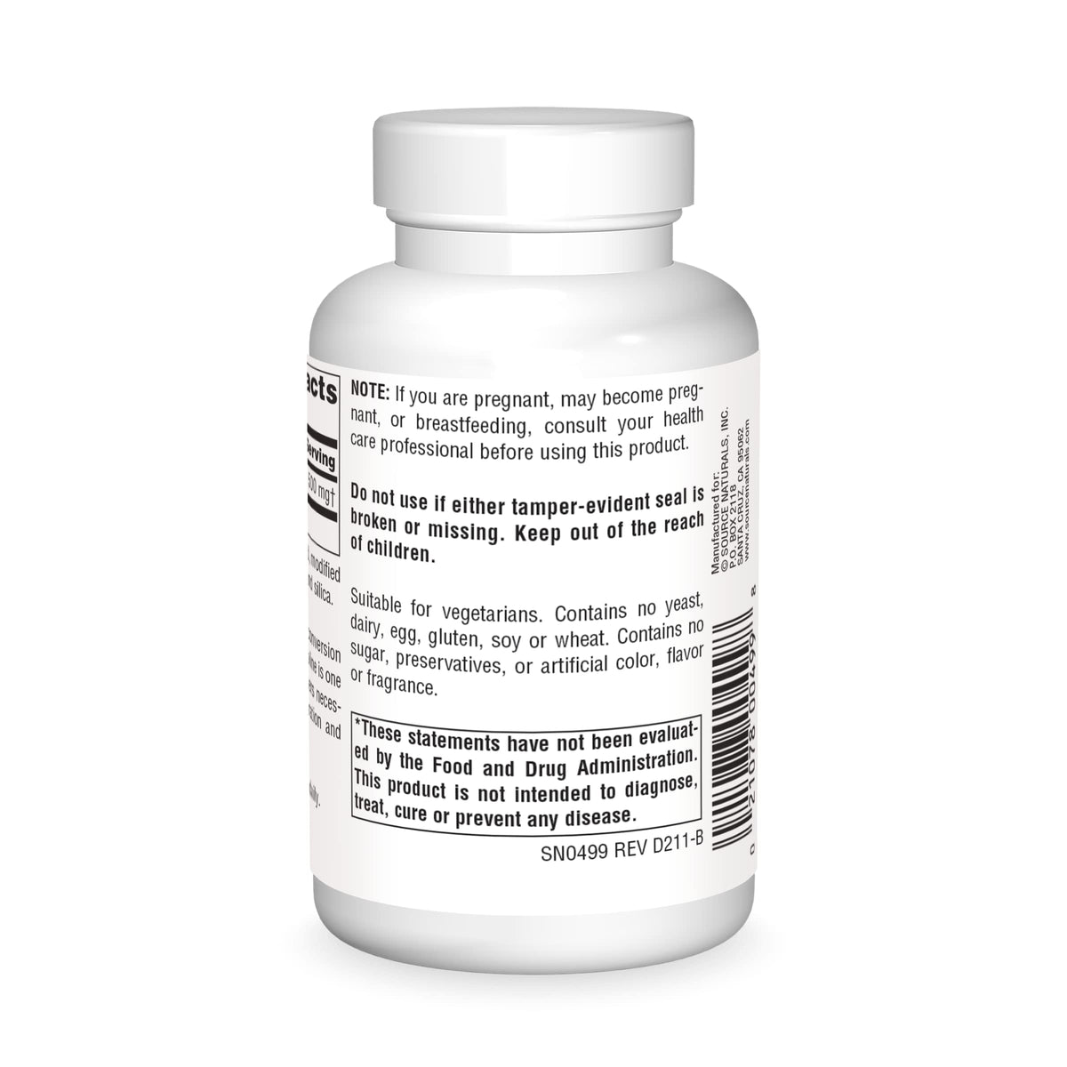 Source Naturals Acetyl L-Carnitine 500mg comprimés ouverts montrant la taille