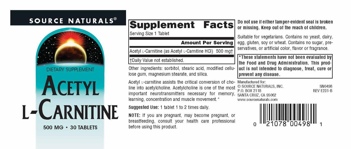 Source Naturals Acétyl L-Carnitine 500mg, étiquette avec ingrédients