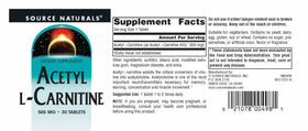 Source Naturals Acétyl L-Carnitine 500mg, étiquette avec ingrédients