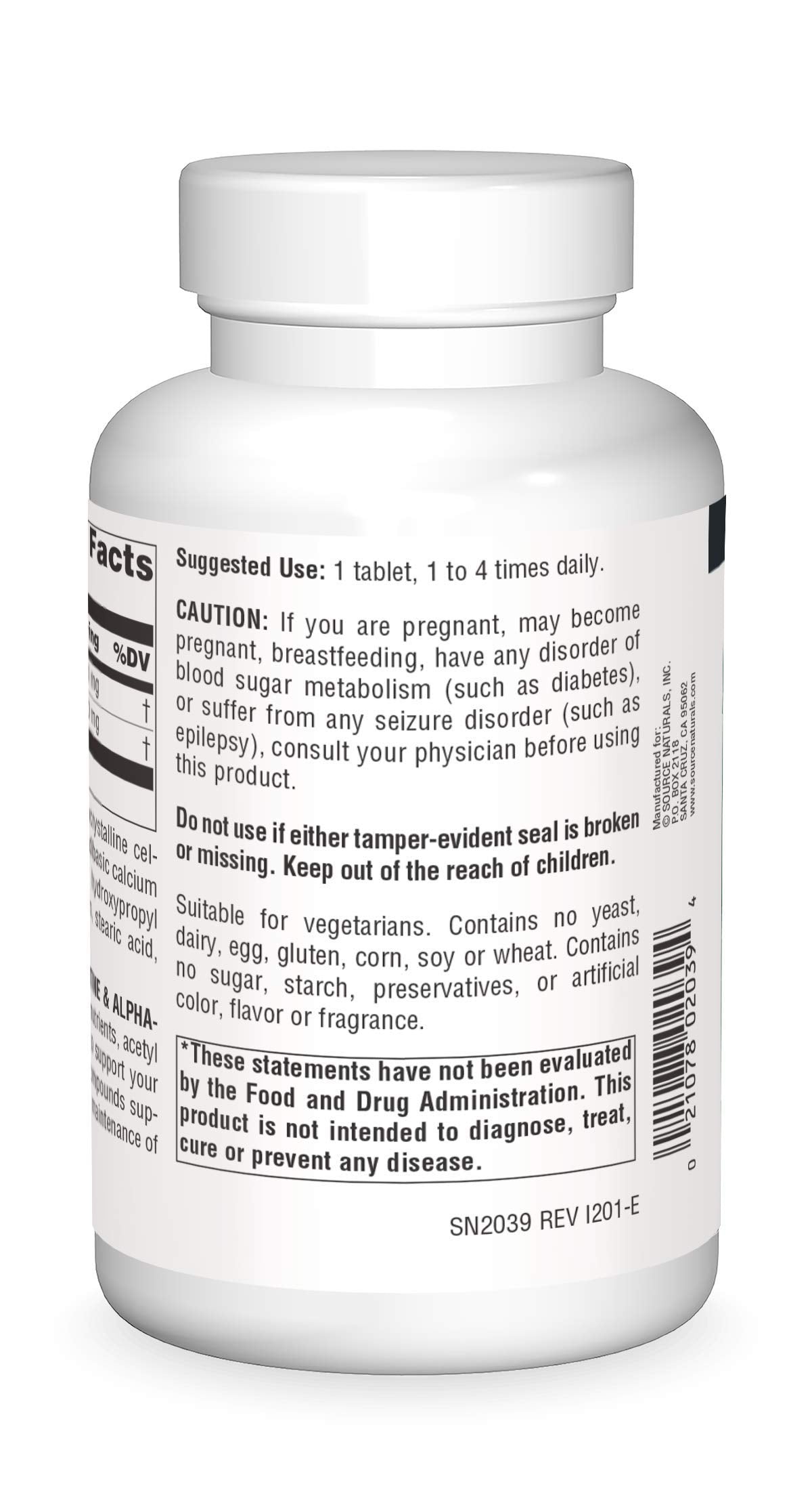 Source Naturals Acetyl L-Carnitine 650mg comprimés, vue latérale
