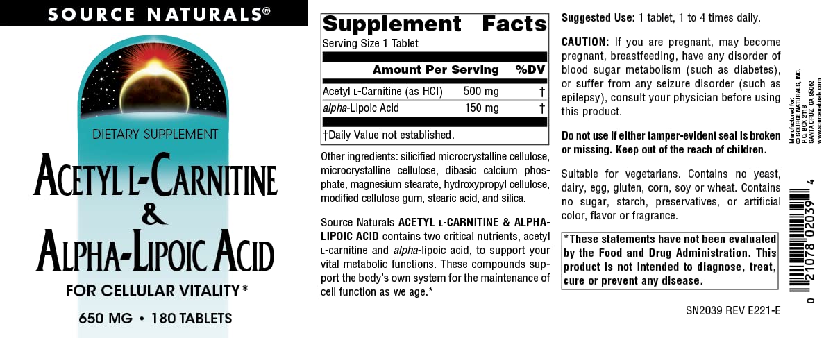 Source Naturals Acetyl L-Carnitine 650mg, étiquette des ingrédients