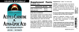Source Naturals Acetyl L-Carnitine 650mg, étiquette des ingrédients