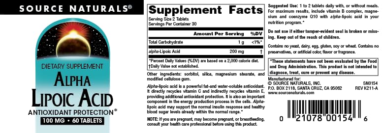 Source Naturals Acide Alpha-Lipoïque 100 mg arrière de la boîte