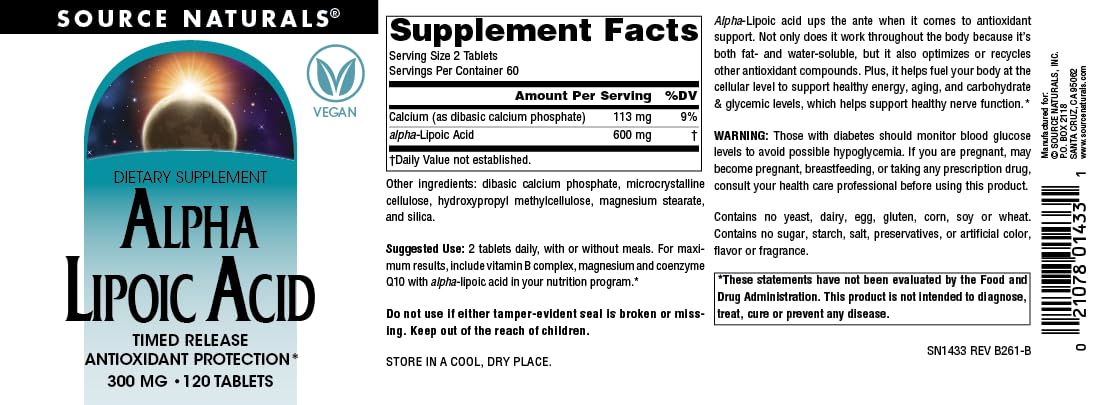 Source Naturals Acide Alpha-Lipoïque 300 mg avec des fruits frais en arrière-plan