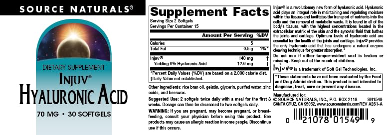 Source Naturals Acide Hyaluronique Injuv 70mg gélules molles, contenu des gélules