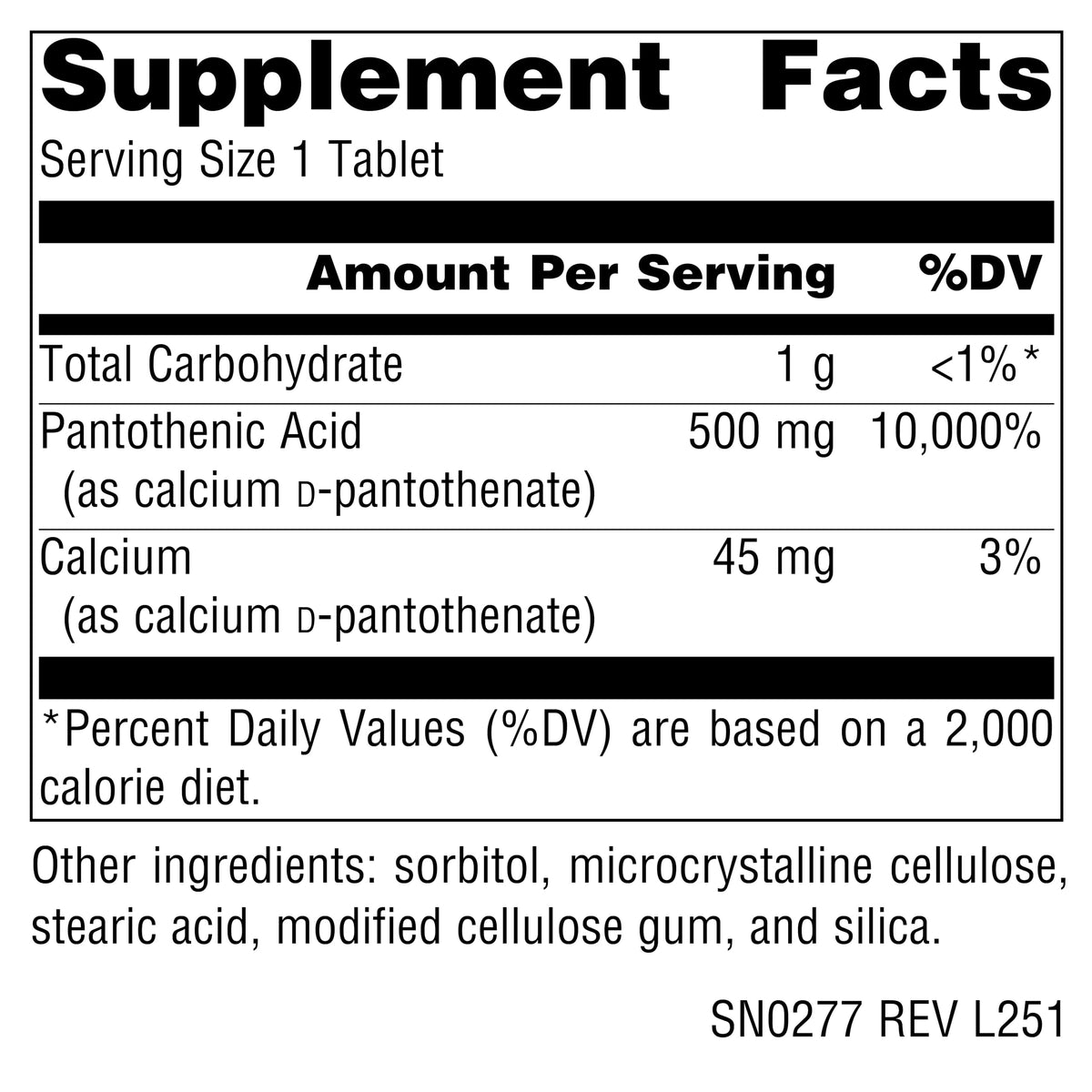 Source Naturals Acide Pantothénique B5 500 mg 100 Comprimés - vue arrière
