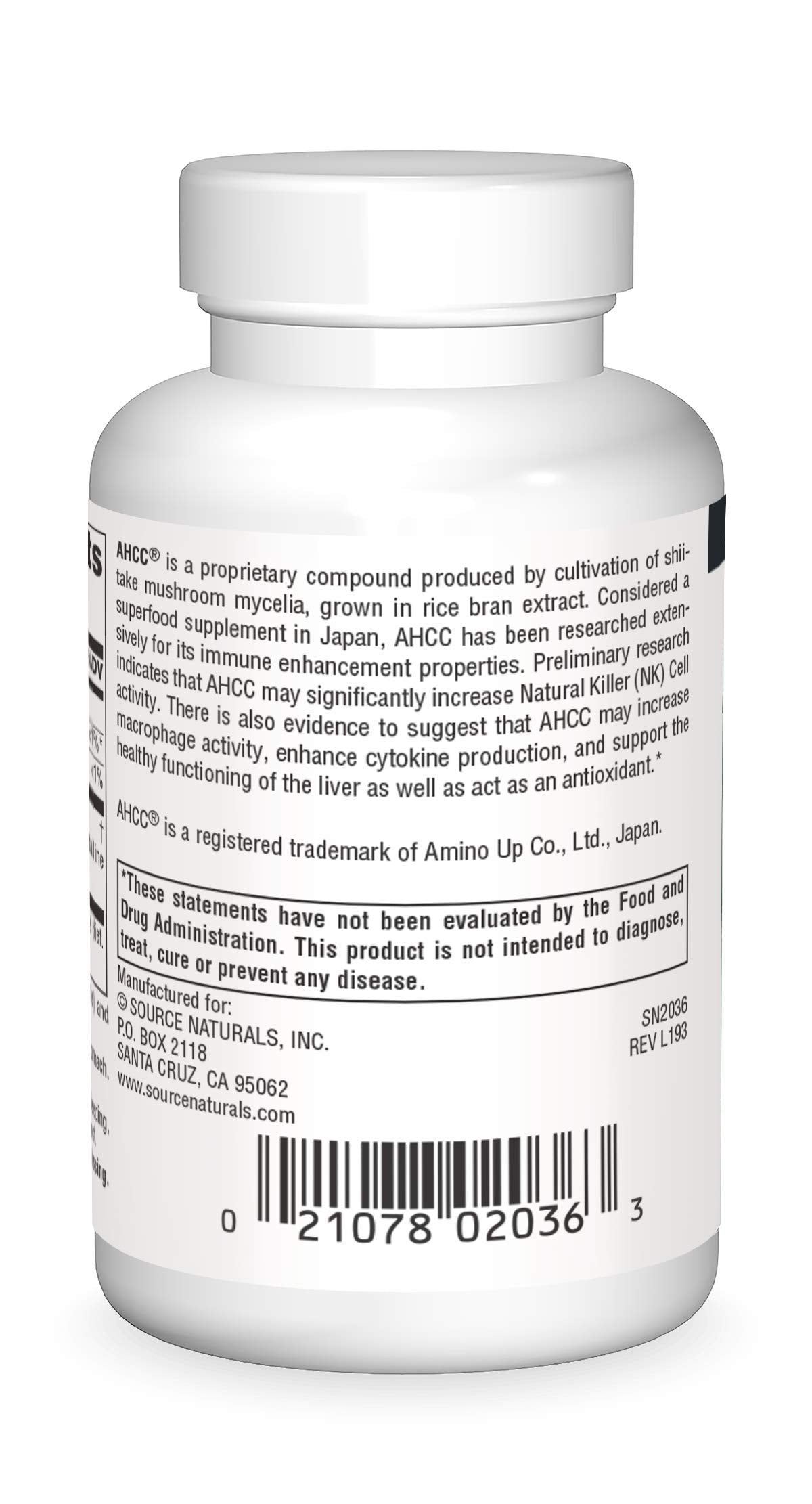 Source Naturals AHCC 500 mg capsules side view