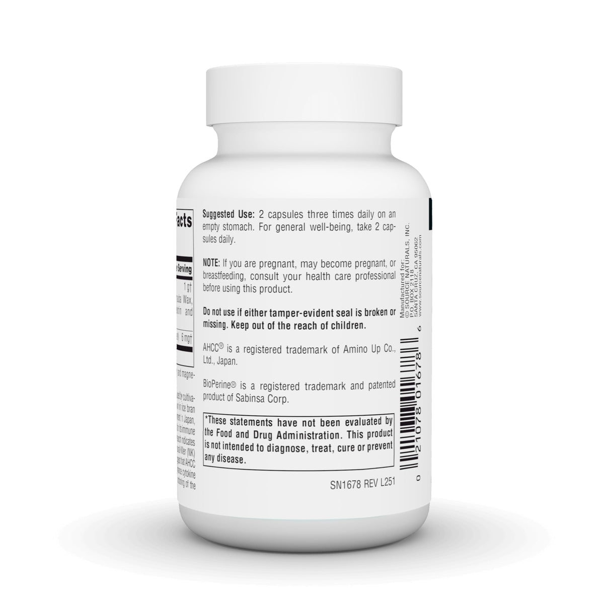 Source Naturals AHCC 500 mg, capsules sur fond blanc