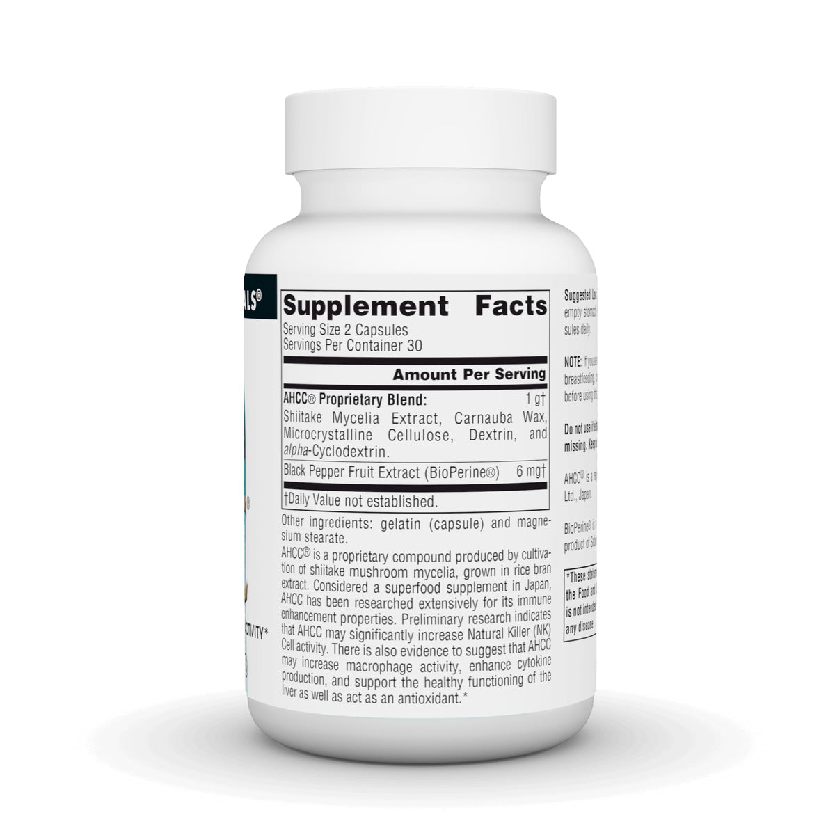 Source Naturals AHCC 500 mg, vue de côté des capsules