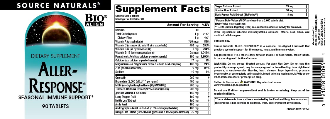 Source Naturals Aller-Response 90 comprimés avec étiquette