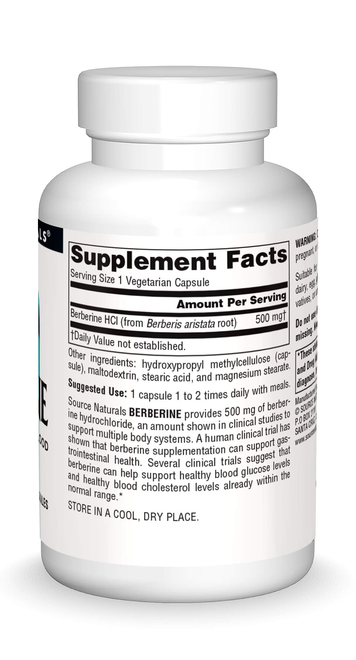 Source Naturals Berberine 500 mg étiquette avec dosage