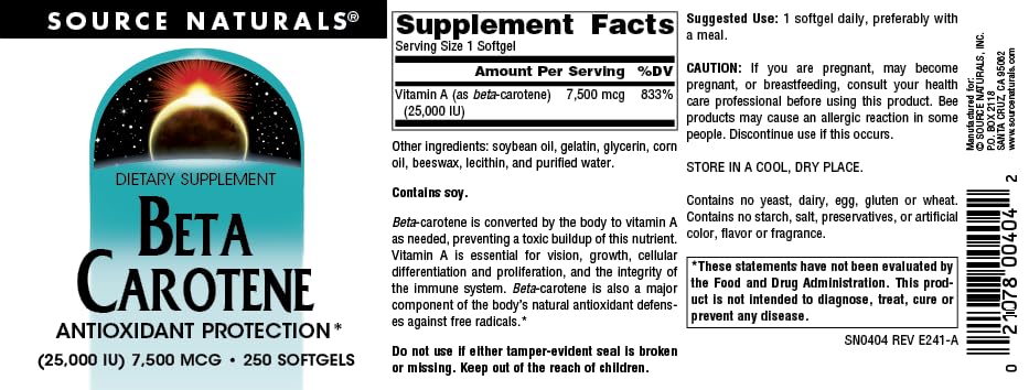 Source Naturals Beta Carotène 7500 mcg gélules molles avec dosage indiqué