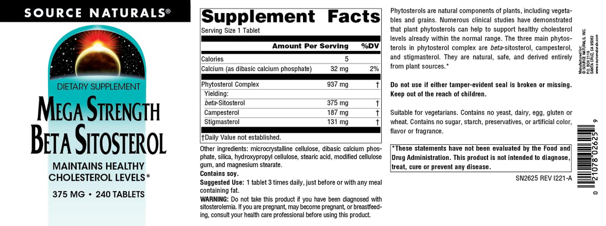 Source Naturals Beta Sitosterol 375mg 240 Tablettes sur fond blanc