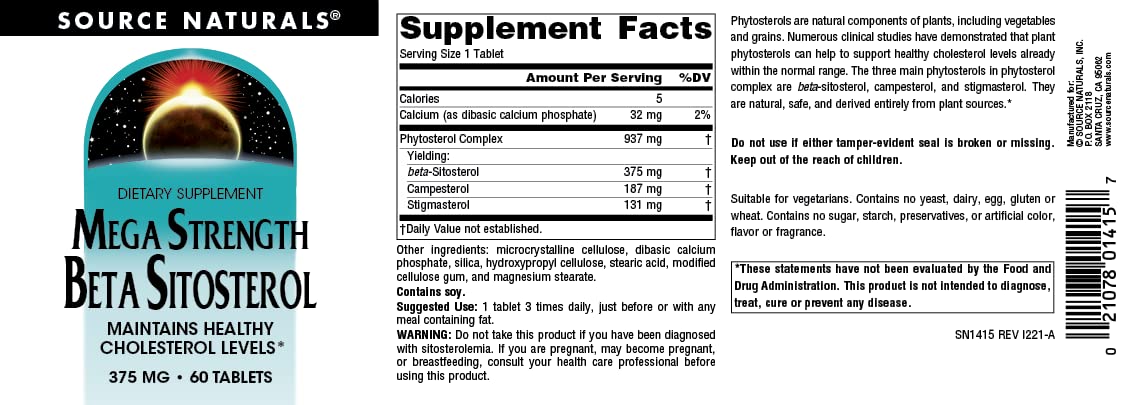 Source Naturals Beta Sitosterol 375mg vue arrière de l'emballage