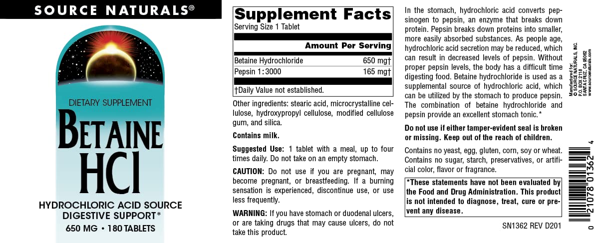 Source Naturals Betaïne HCl 650 mg 180 comprimés avec étiquette