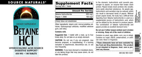 Source Naturals Betaïne HCl 650 mg 180 comprimés avec étiquette