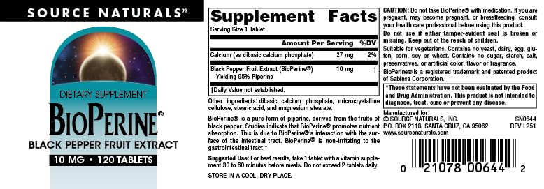 Source Naturals BioPerine 10 mg avec d'autres compléments alimentaires