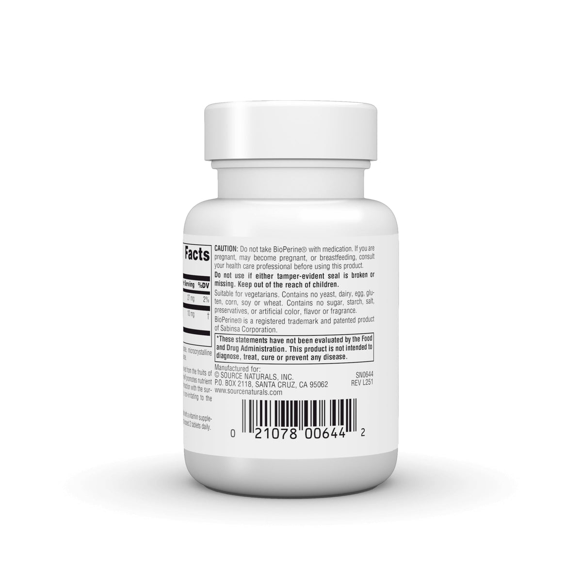Source Naturals BioPerine 10 mg - étiquette avec dosage