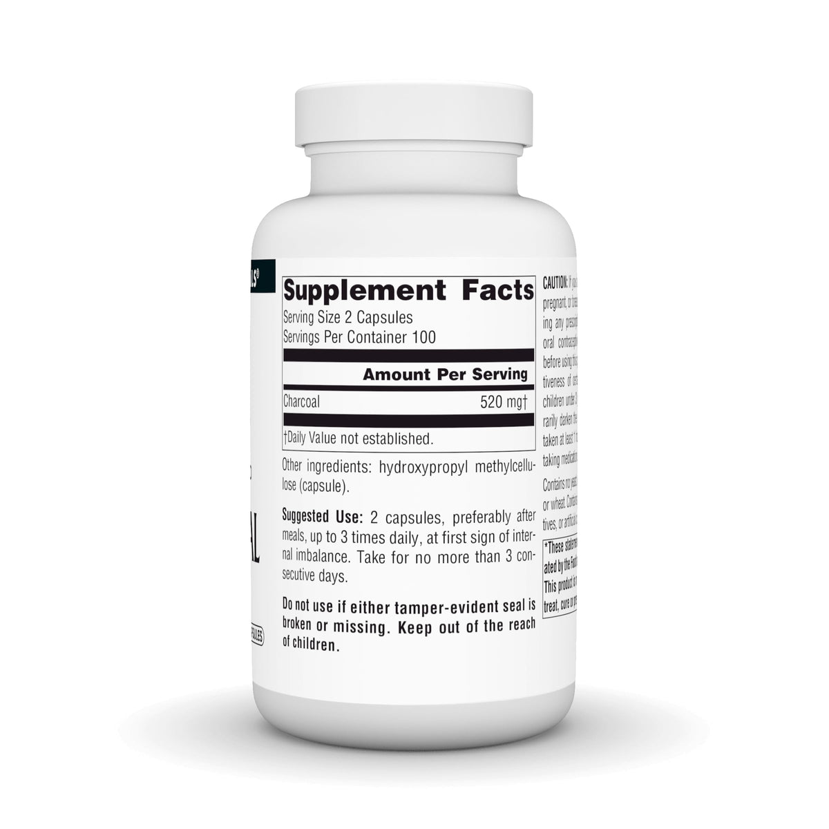 Source Naturals Charbon Actif 260 mg gélules végétariennes, étiquette avec ingrédients