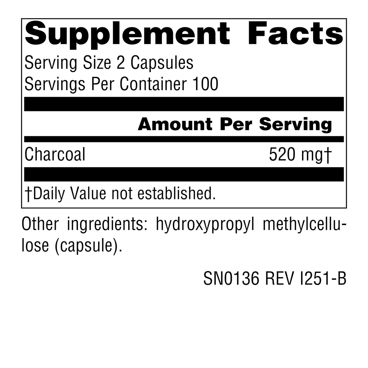 Source Naturals Charbon Actif 260 mg gélules végétariennes, vue arrière