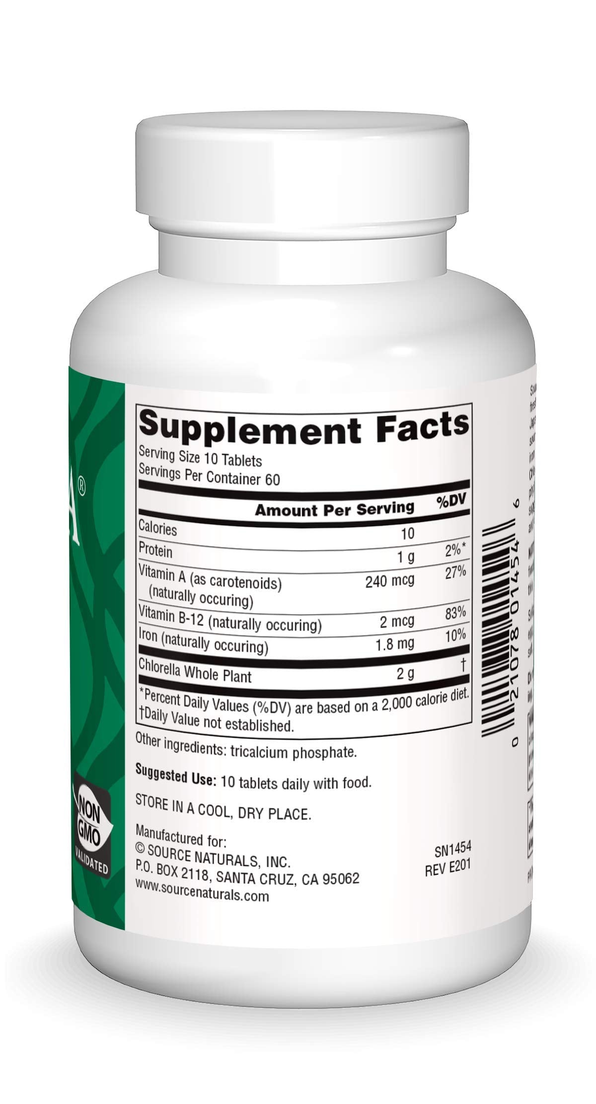 Source Naturals Chlorella 200 mg étiquette détaillée