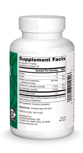 Source Naturals Chlorella 200 mg étiquette détaillée