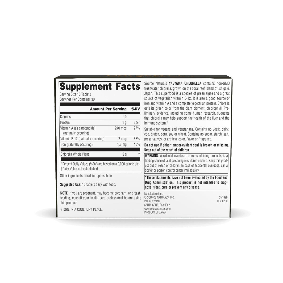 Source Naturals Chlorella Yaeyama 200 mg, boîte ouverte avec comprimés visibles