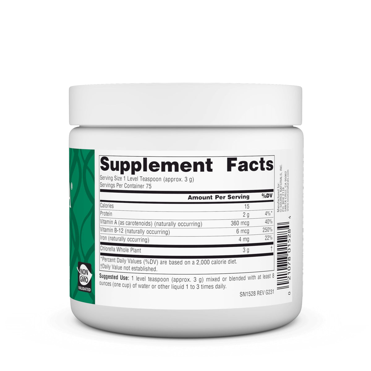 Source Naturals Chlorella Yaeyama 290g étiquette détaillant les ingrédients