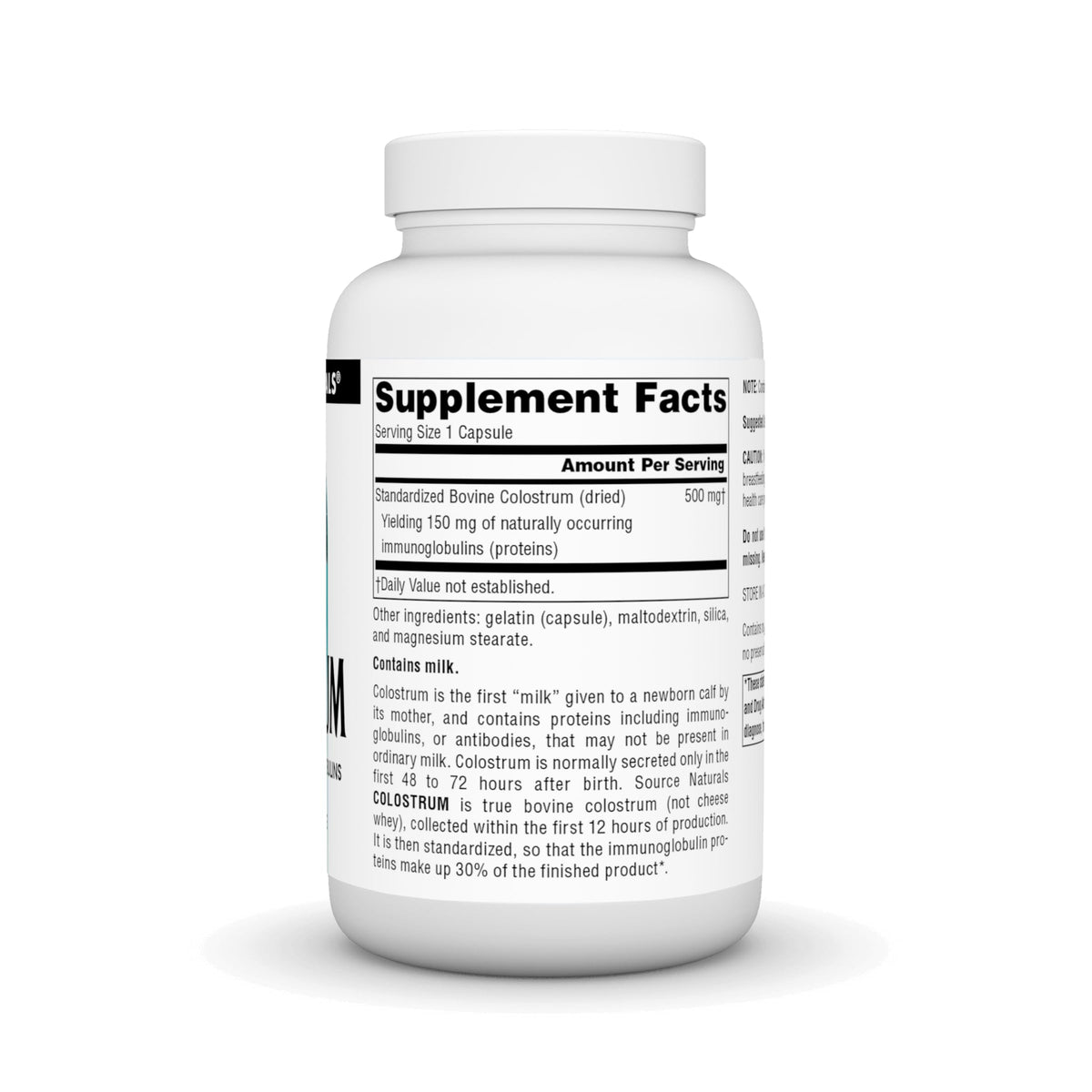 Source Naturals Colostrum 500 mg 120 Capsules étiquette détaillée