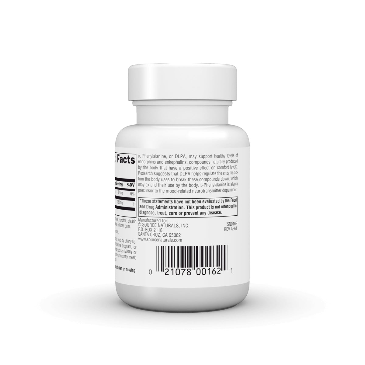 Source Naturals DLPA DL-Phenylalanine 375mg comprimés en gros plan