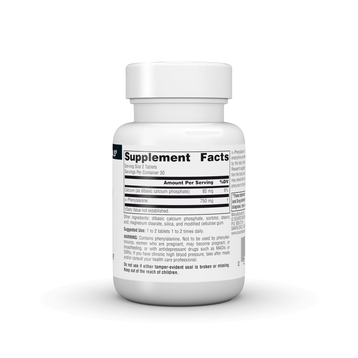 Source Naturals DLPA DL-Phenylalanine 375mg comprimés sur une table