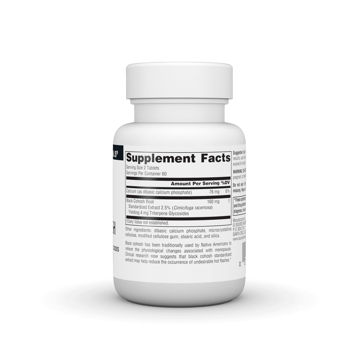 Source Naturals Extrait de Cimicifuga 120 comprimés, côté montrant la taille des comprimés