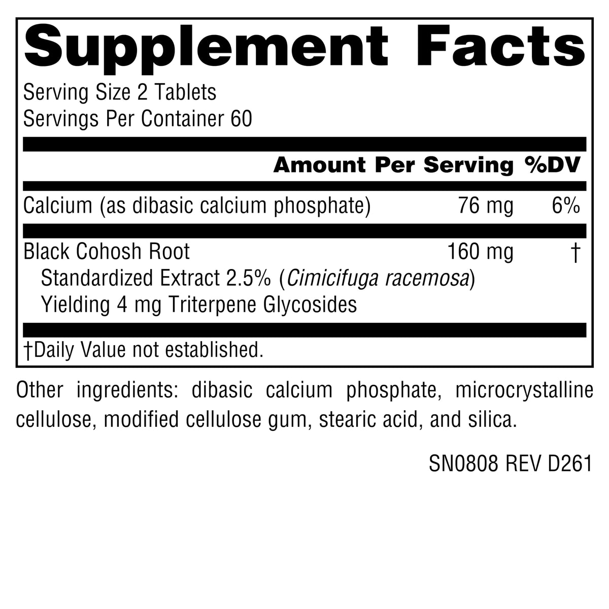 Source Naturals Extrait de Cimicifuga 120 comprimés, vue arrière avec ingrédients