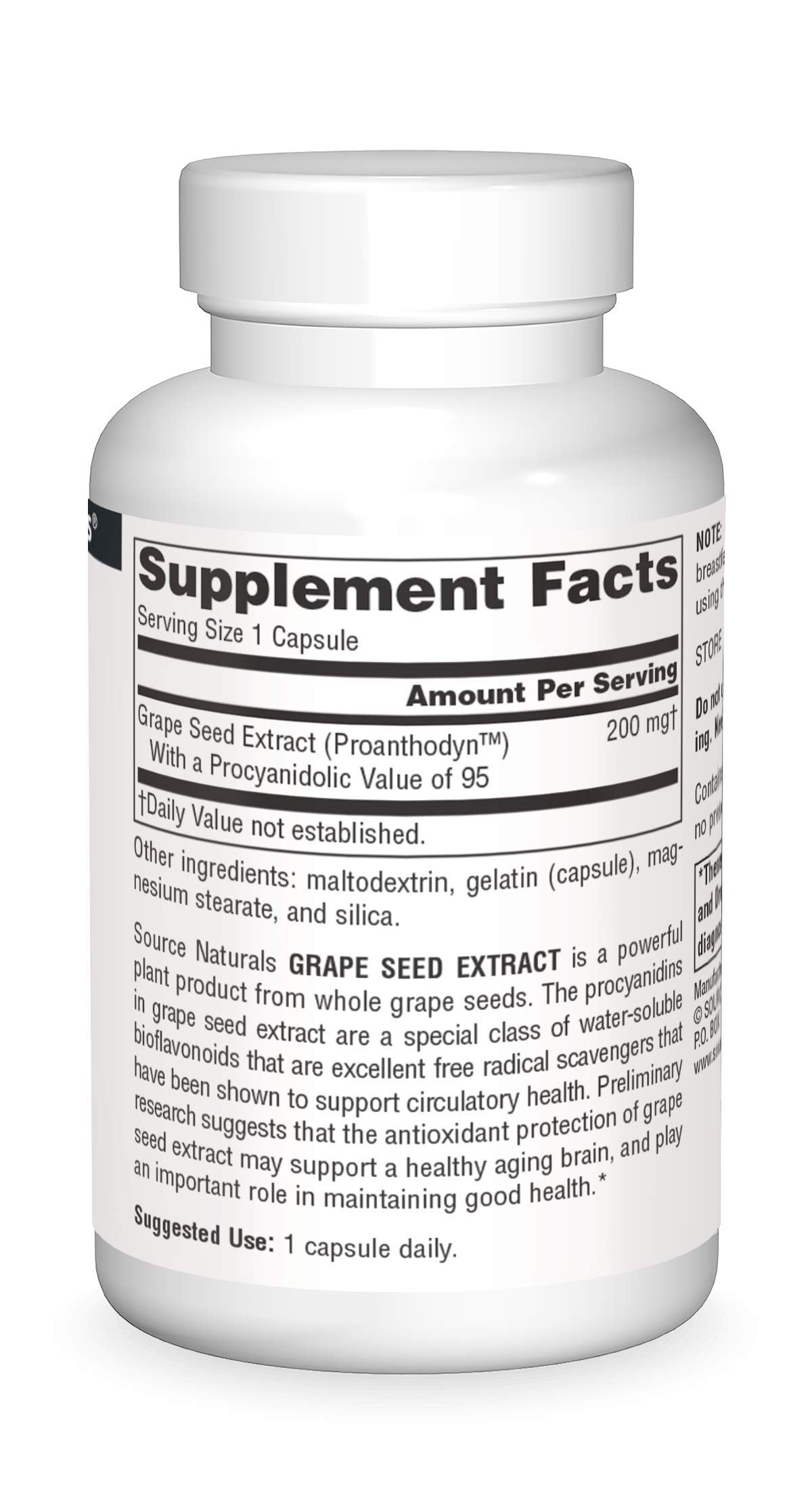 Source Naturals Extrait de Pépin de Raisin 200 mg capsules, étiquette détaillée