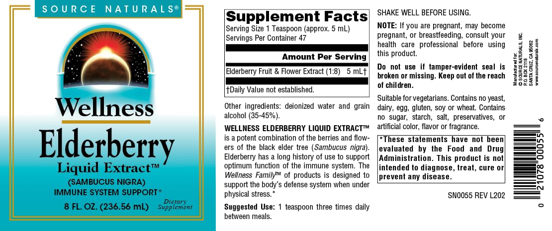 Source Naturals Extrait Liquide de Sureau 500 mg sur une table en bois