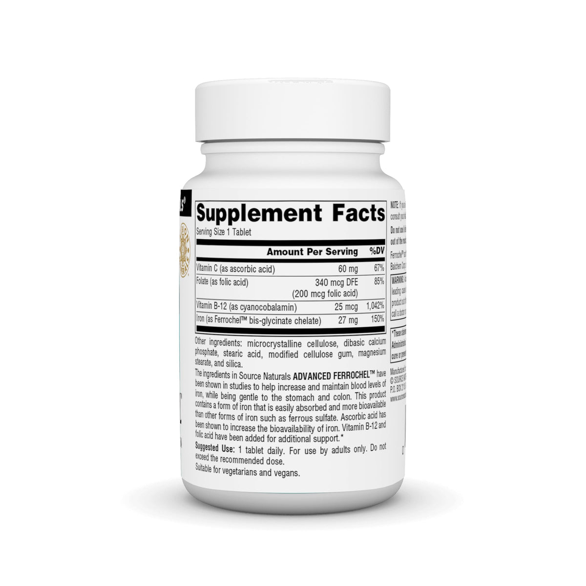 Source Naturals Ferrochel 90 comprimés vegan vue arrière