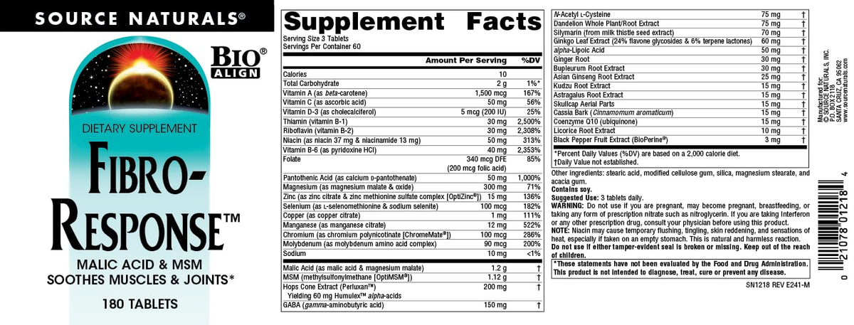 Source Naturals Fibro-Response 180 comprimés en gros plan sur le comprimé