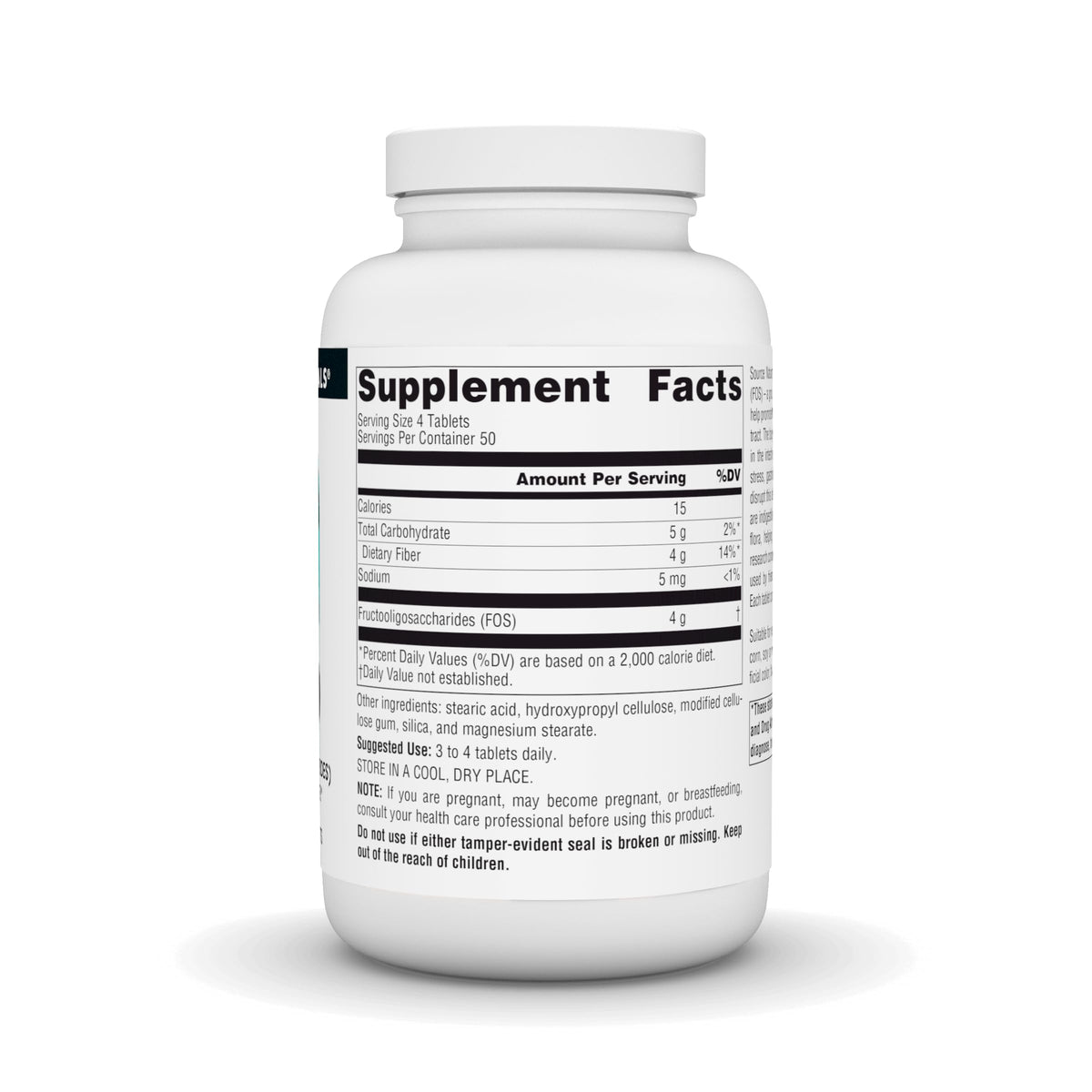 Source Naturals FOS 1000 mg 200 comprimés végétariens, vue arrière