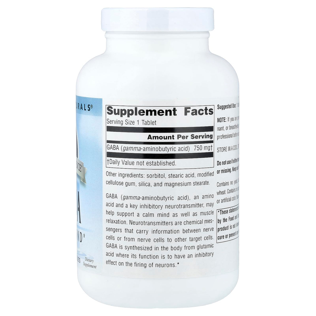 Source Naturals GABA 750 mg 180 comprimés avec étiquette